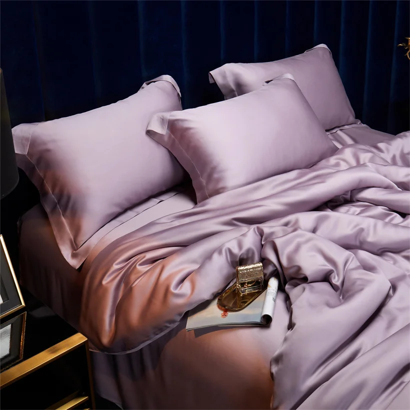Solid 100% Silk Bedding Set with Duvet Cover Flat Bed Sheet Pillowcase Luxury Mulberry Silk Bedsheet Bed Linen Soft Quilt Cover