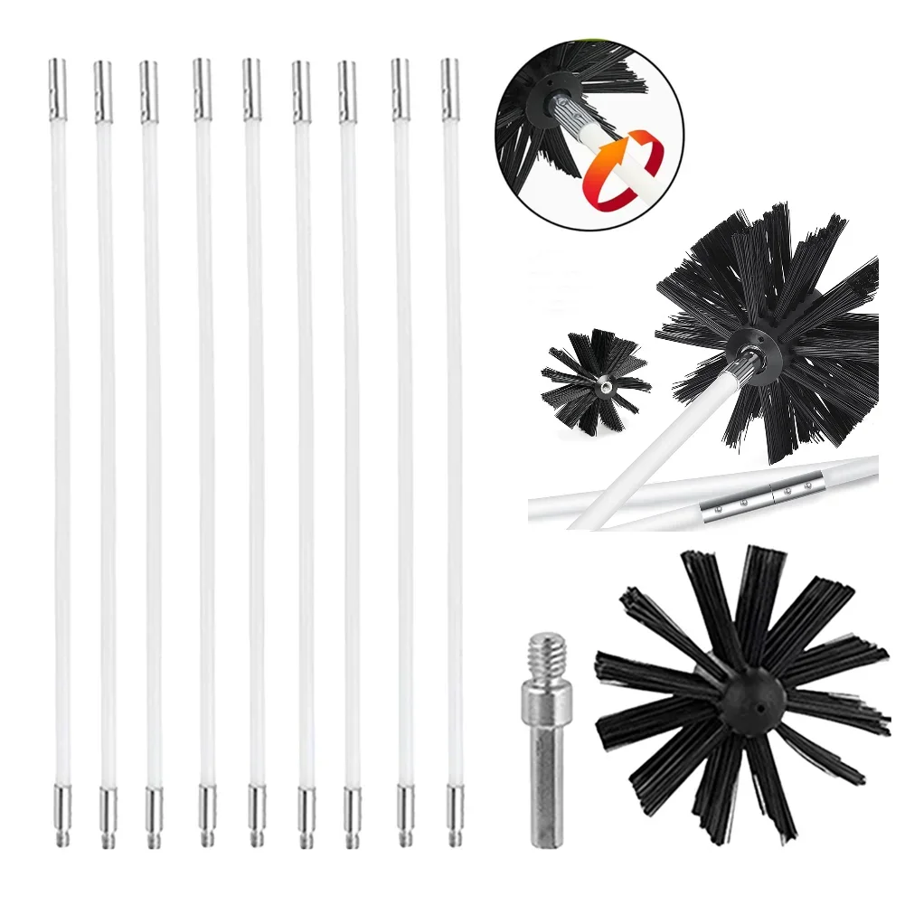 Chimney Brush Set with Long Handle Rods Flue Sweeping Brush 100/150mm Brush Head Air Duct Cleaning Tool for Chimney Dryer Pipe