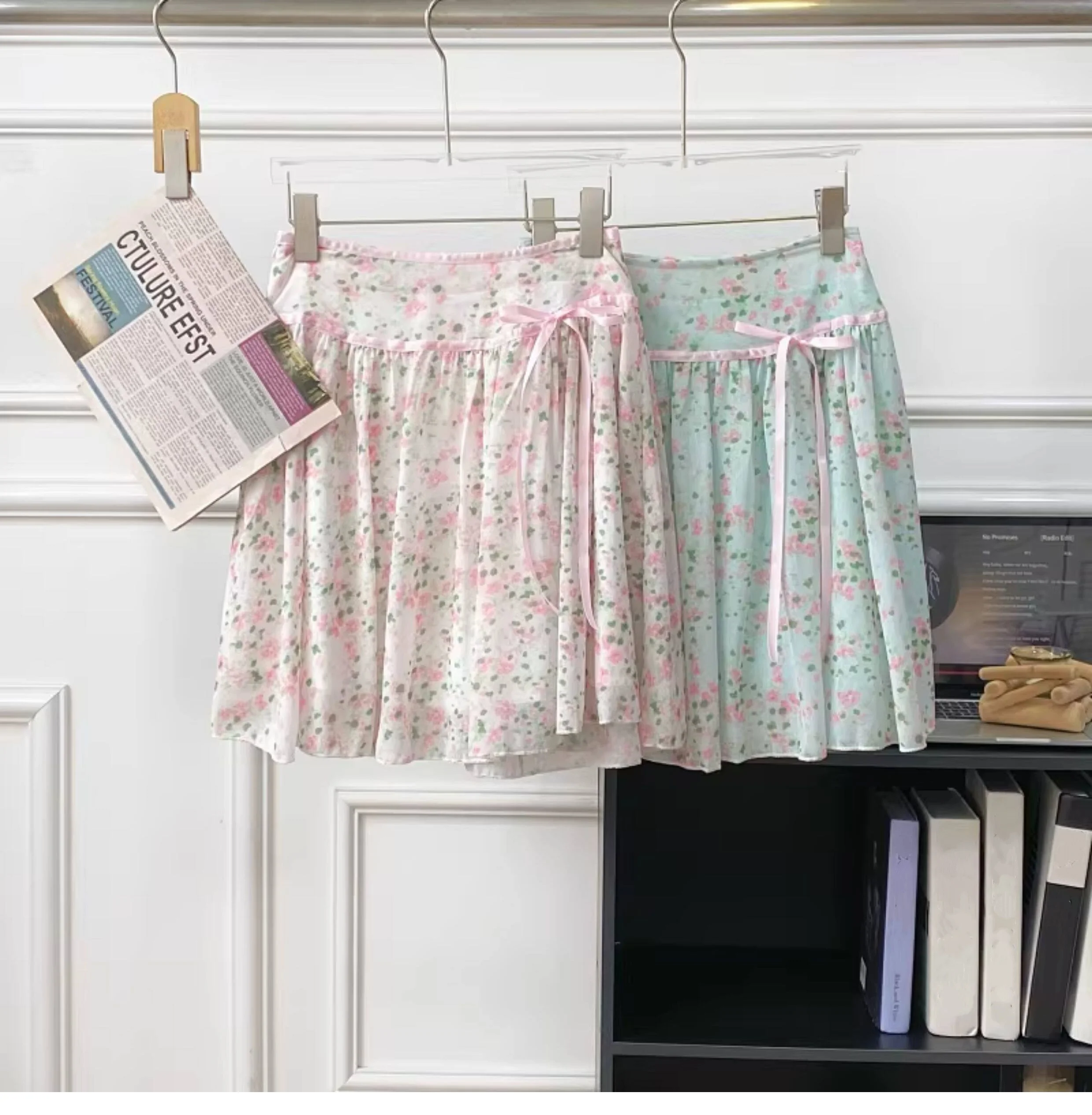 Summer new sweet and fresh chiffon floral tie bow high waist slimming A-line skirts for women