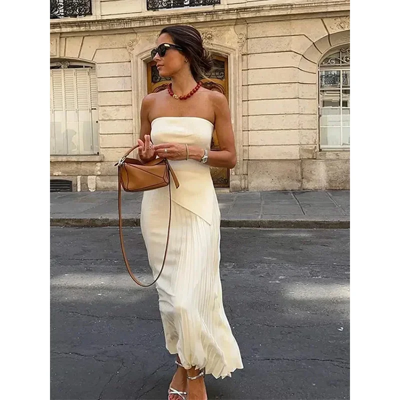 Women Strapless Backless Top And Long Skirt Suit Female Fashion Solid Tops High Waist Skirts Sets Lady Street Spring 2 Pcs Sets