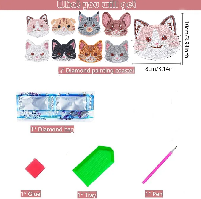 8 Pieces DIY Diamond Painting Art Set Cat Pattern Coaster Special Shape Crystal Artificial Diamond Mosaic Craft view 2