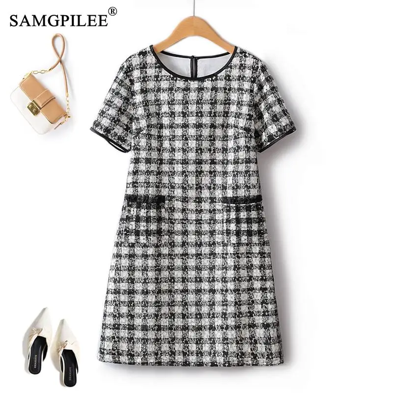 

European Station Retro Summer Dresses For Women 2023 New Small Plaid Lace Hollow Short Sleeve Elegant Casual Female Dress 4XL