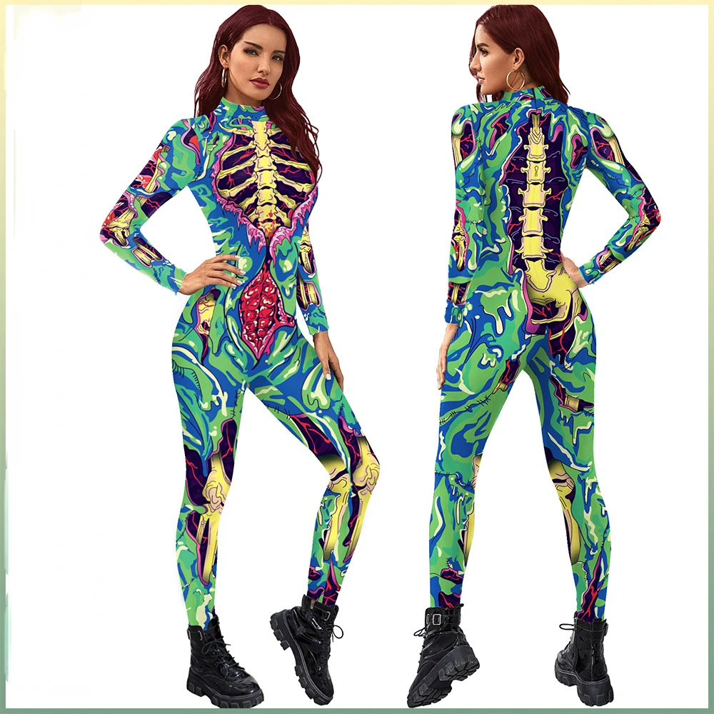 

New Fashion Halloween Jumpsuit Women's Skeleton Bodysuit with Colorful Print