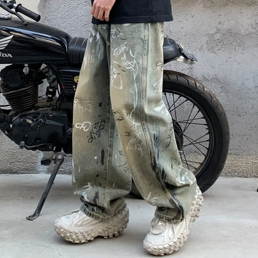 

Summer Men's Y2k Graphic Harajuku Denim Pants Straight Leg Pants American Retro Fashion Trend Hip Hop Niche Loose Men's Bottoms