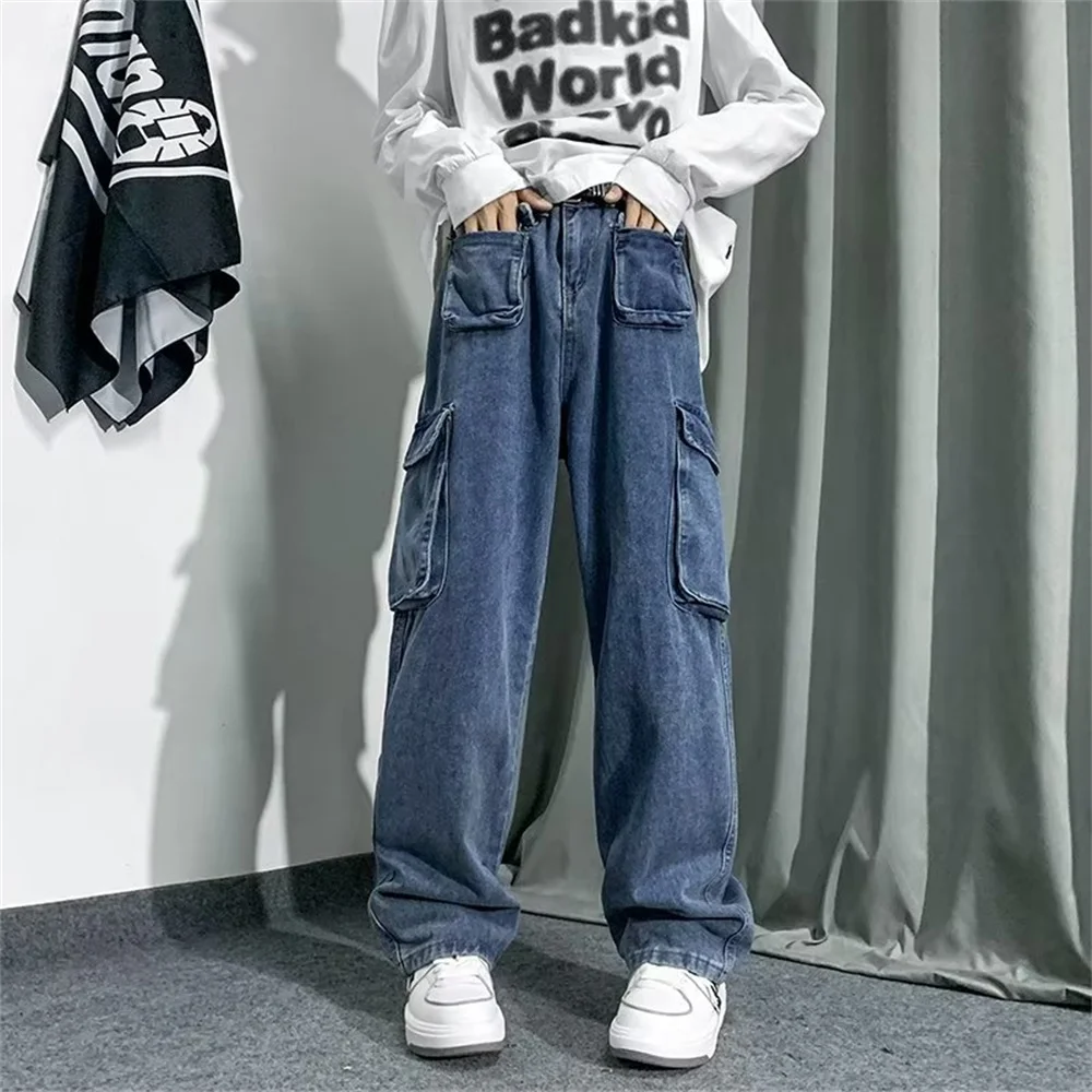 Y2K Style Multi-pocket Tooling Jeans Men's American Retro Street Harajuku Trousers Washed Mopping Pants Youth Clothing men jeans