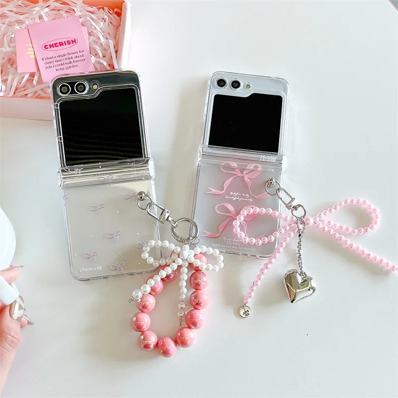 For Samsung Galaxy Z Flip 7 FE 3 4 5 6 Case Cute Pink Bow Bracelet Hinge Shockproof Back Cover