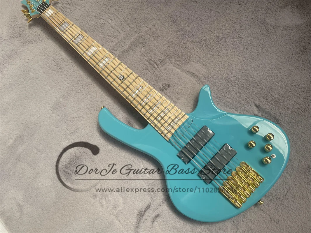 6 strings bass guitar ash wood body Maple Neck white shell inlaid with Golden Bridge active battery case blue and green bass