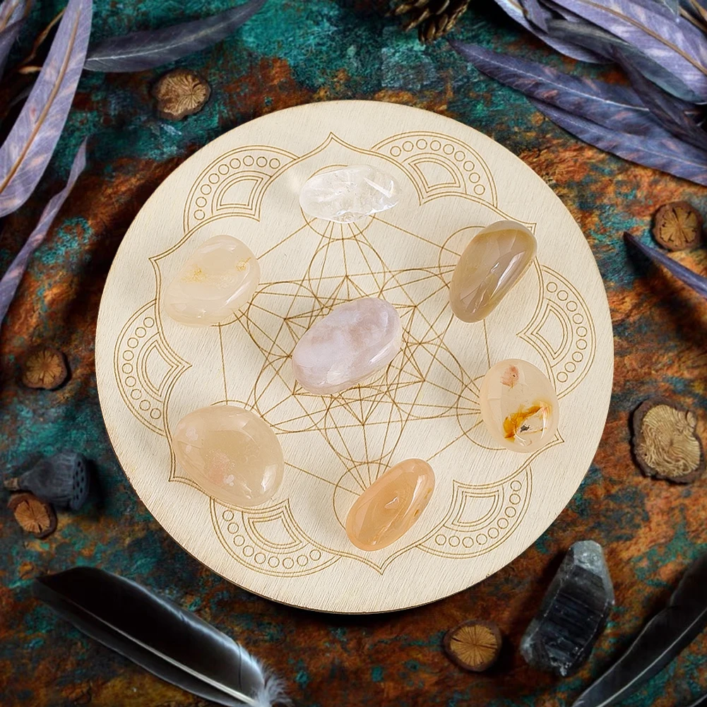 

Round WoodenPendulum Board Creative Sacred Lotus Metatron's Cube Conjunction motifs Magics Meditation Decision Plate Witch Tools