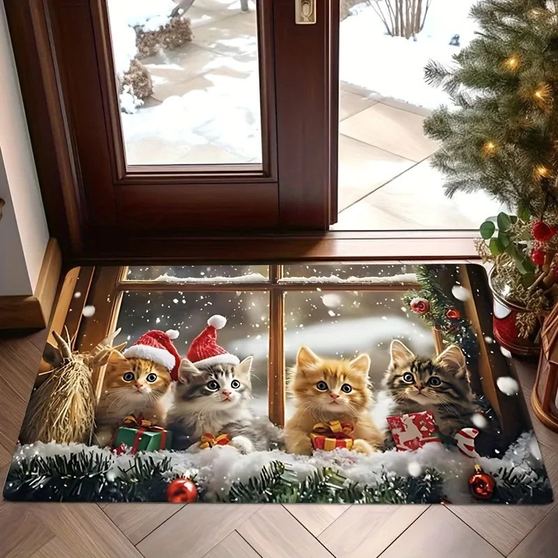 Cute Cat Santa Hat Christmas Flannel Door Mat Snowy Gift Box Pattern Non‑Slip Floor Rug Indoor Entryway Xmas Home Holiday Decor