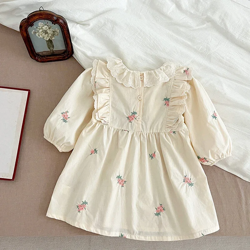 1-6Yrs Kids Dress Autumn Girls Dresses Long Sleeve Toddler Floral Embroidered Princess Dress Children Party Baby Clothing Retro