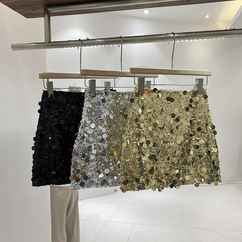 Hotsweet Girl Blingbling Sequined Skirt Gold Silver Black High Waist Sparkling Pencil Mini Skirt Summer Fashion Short Bottoms