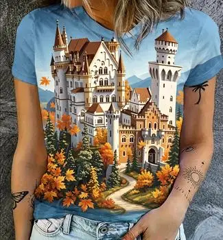 Women Magical Snow Castle Print T‑Shirt Winter Snowy Mountain Forest Scene Crew Neck Short‑Sleeve Casual To