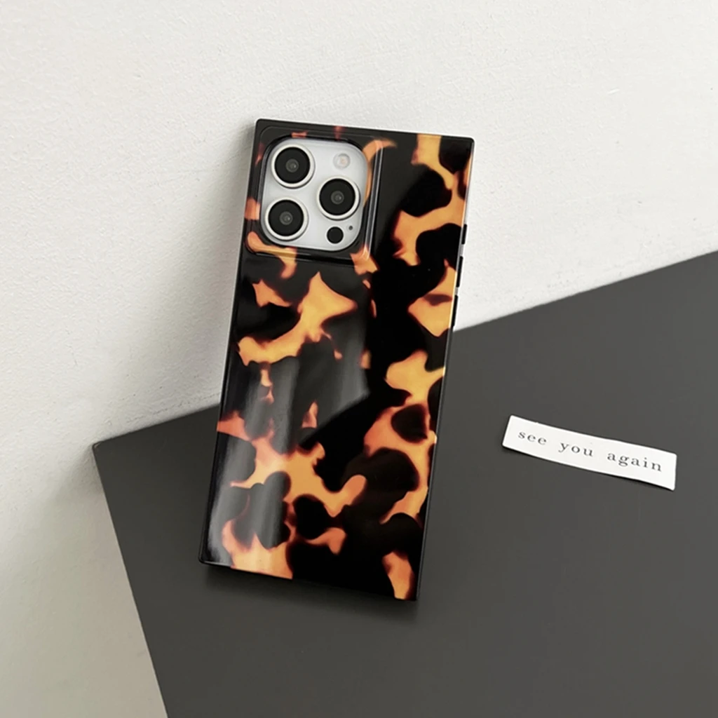 Originality Tortoiseshell Pattern Flame Grain Rectangle Cover Case For iPhone 16 15 14 13 Pro Max Phone Case