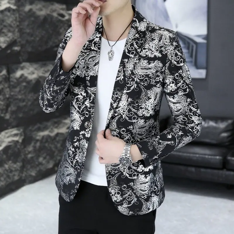 

Men's Faionable Slim Fit Suit Gold Emed Nightclub Sle Spring Youth Trendy Jaet Casual Anti-Wrinkle Polyester Fiber