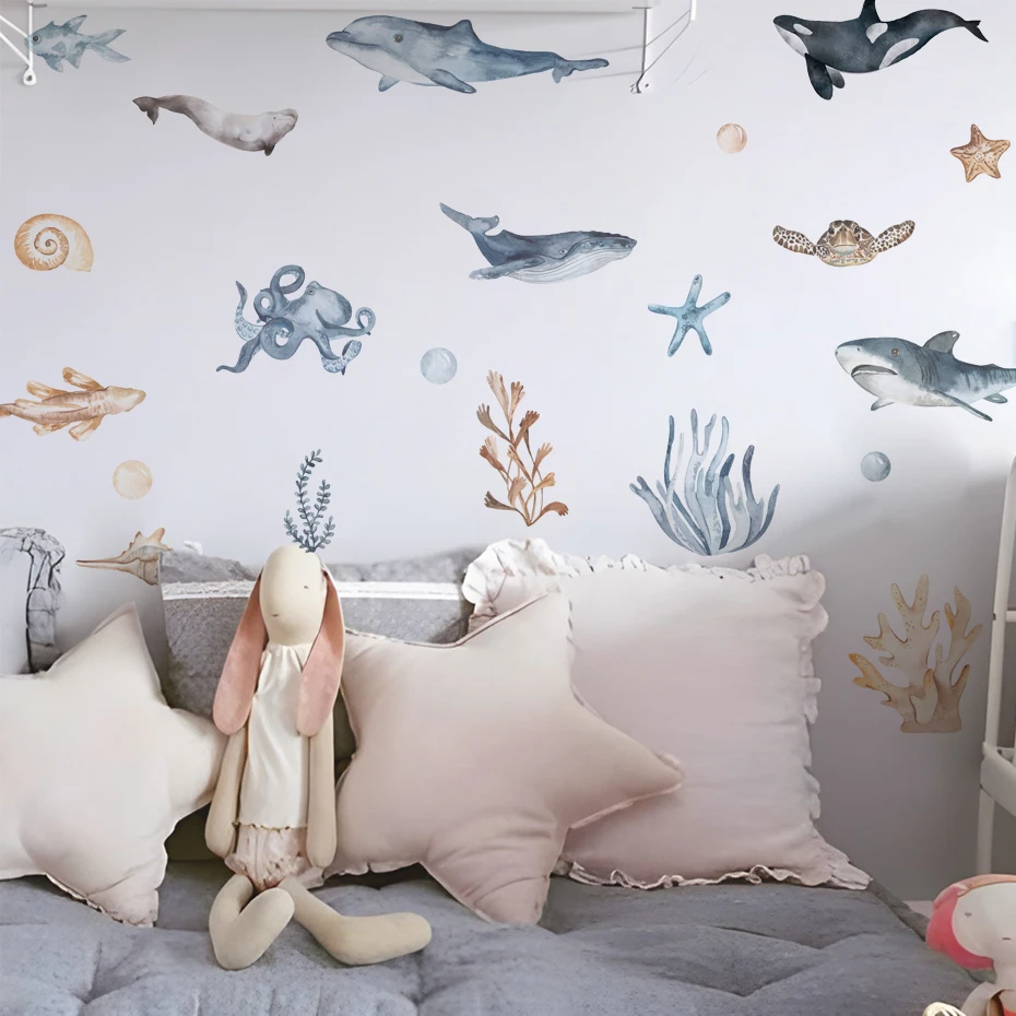 Cartoon Sharks Wall Decals Ocean Animal Wall Sticker Under The Sea Marine Life Theme Decals Nursery Kids Room Decor