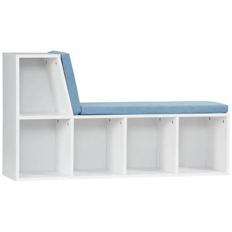 Libreria con panca 2 in 1 con 5 scomparti portaoggetti e 2 cuscini 108 x 30 x 60 cm bianco blu