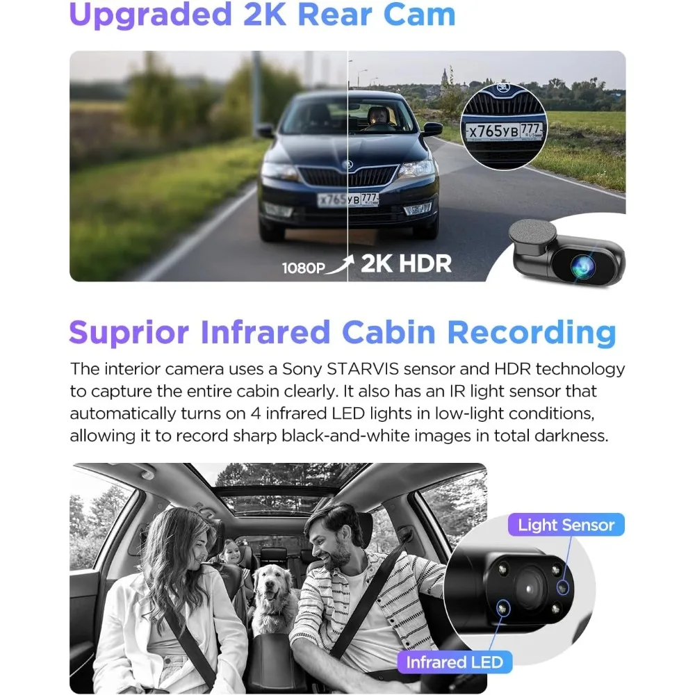 Pro 3 Channel 4K HDR Dash Cam, Dual STARVIS 2 Sensors IMX678 & IMX675, 4K+2K+1080P Front Inside and Rear Triple Car