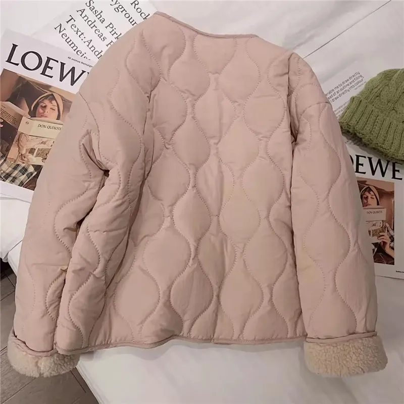 Lambswool Cotton-padded Women's New Winter 2025 Korean  Version Coat Thickened Female Round Neck Jacket Loose Fashion Overwear