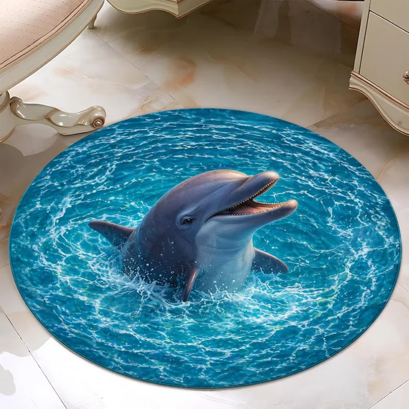 Undersea Dolphin World Round Rug Non‑Slip Ocean Coral Fish Print Floor Mat Bedroom Living Room Home Decor Soft Circle Carpet