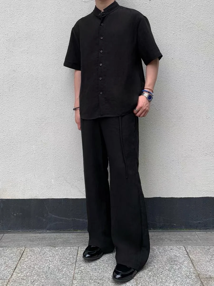 

Retro American Linen Waed Texture A-Line Flared Pants Men's Casual Commute Lightweight Loose Fit Dstring Cargo orts
