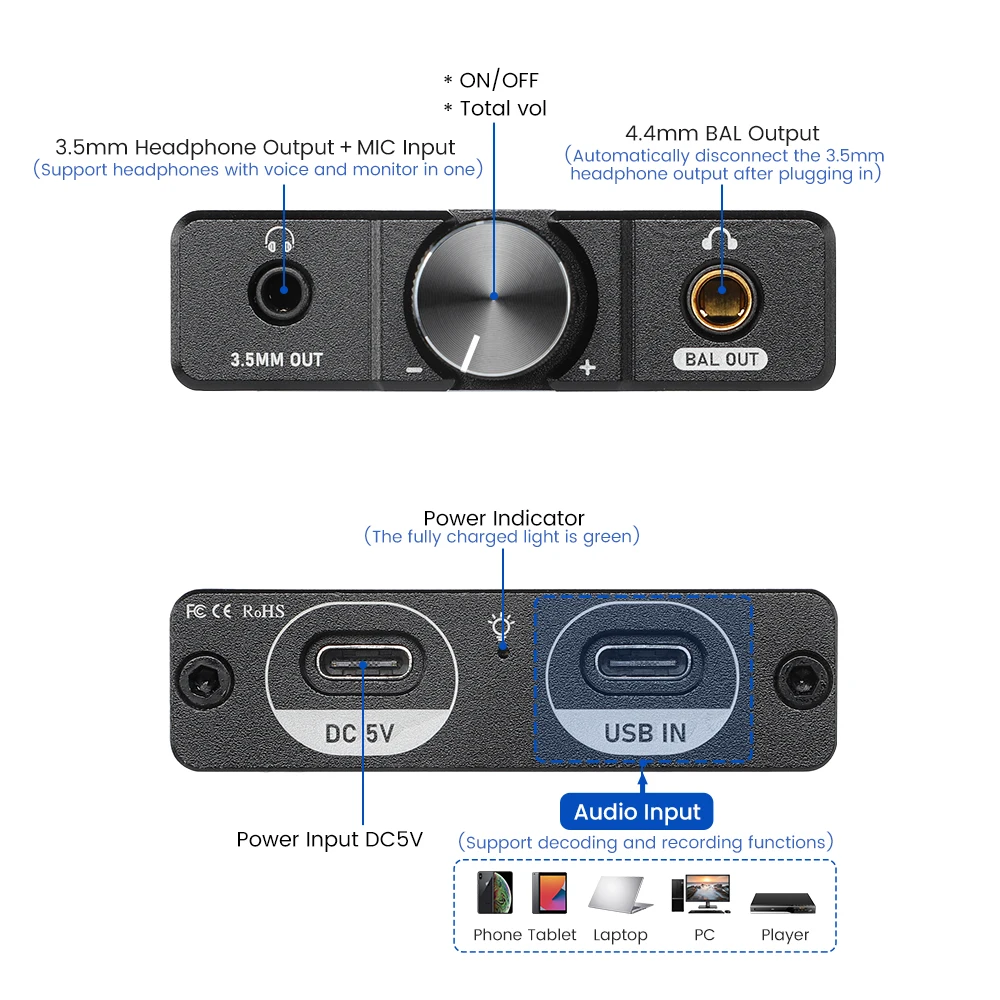 AIYIMA H2 HIFI Power Headphone Amplifier DAC DSD256 Portable Ear Amplifier ES9018K2M  32bit/384khz With 3.5/4.4mm Output