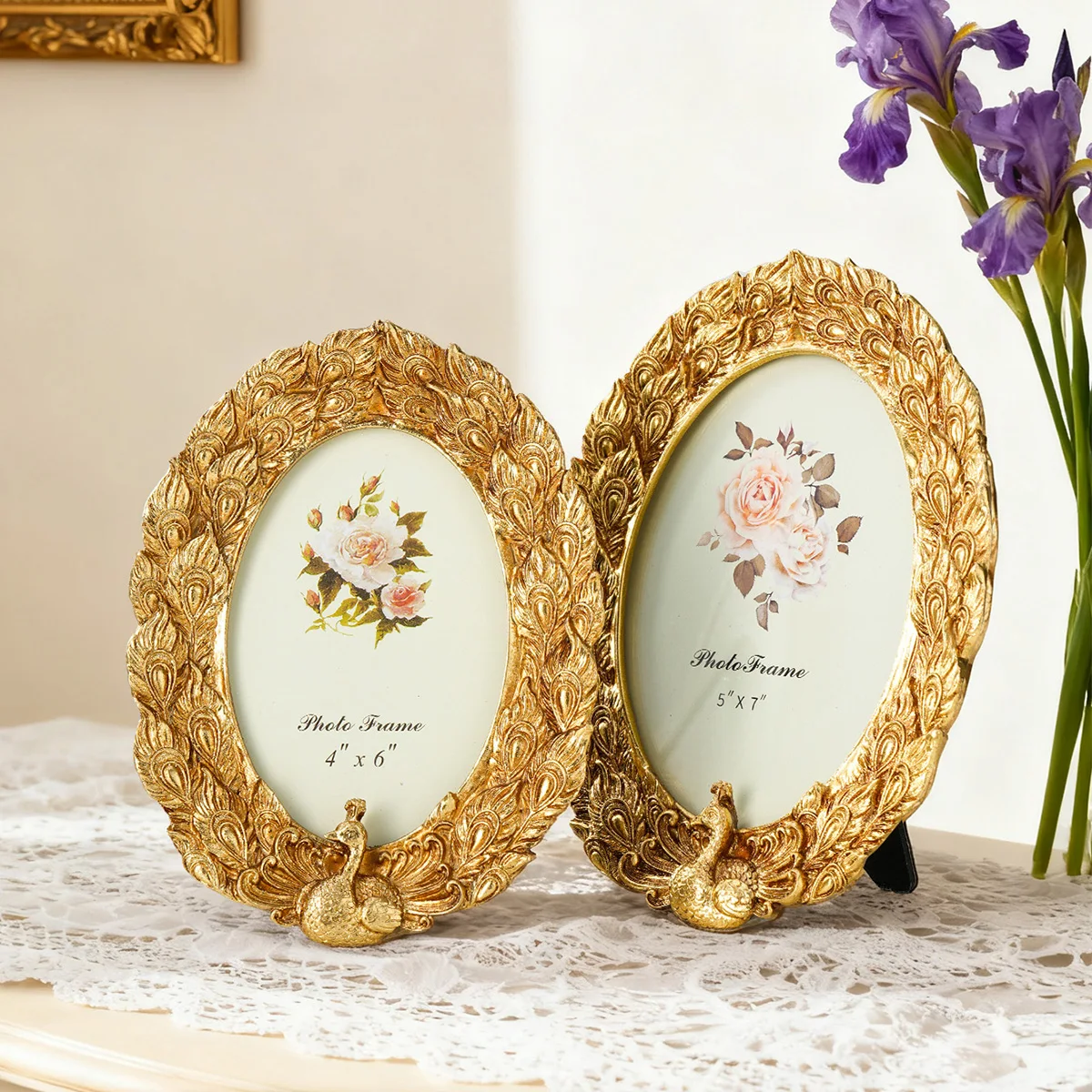 1PC, European-style Gilded Peacock Relief Oval Picture Frame, for Decoration in Bedrooms, Study Rooms And Entrance Halls