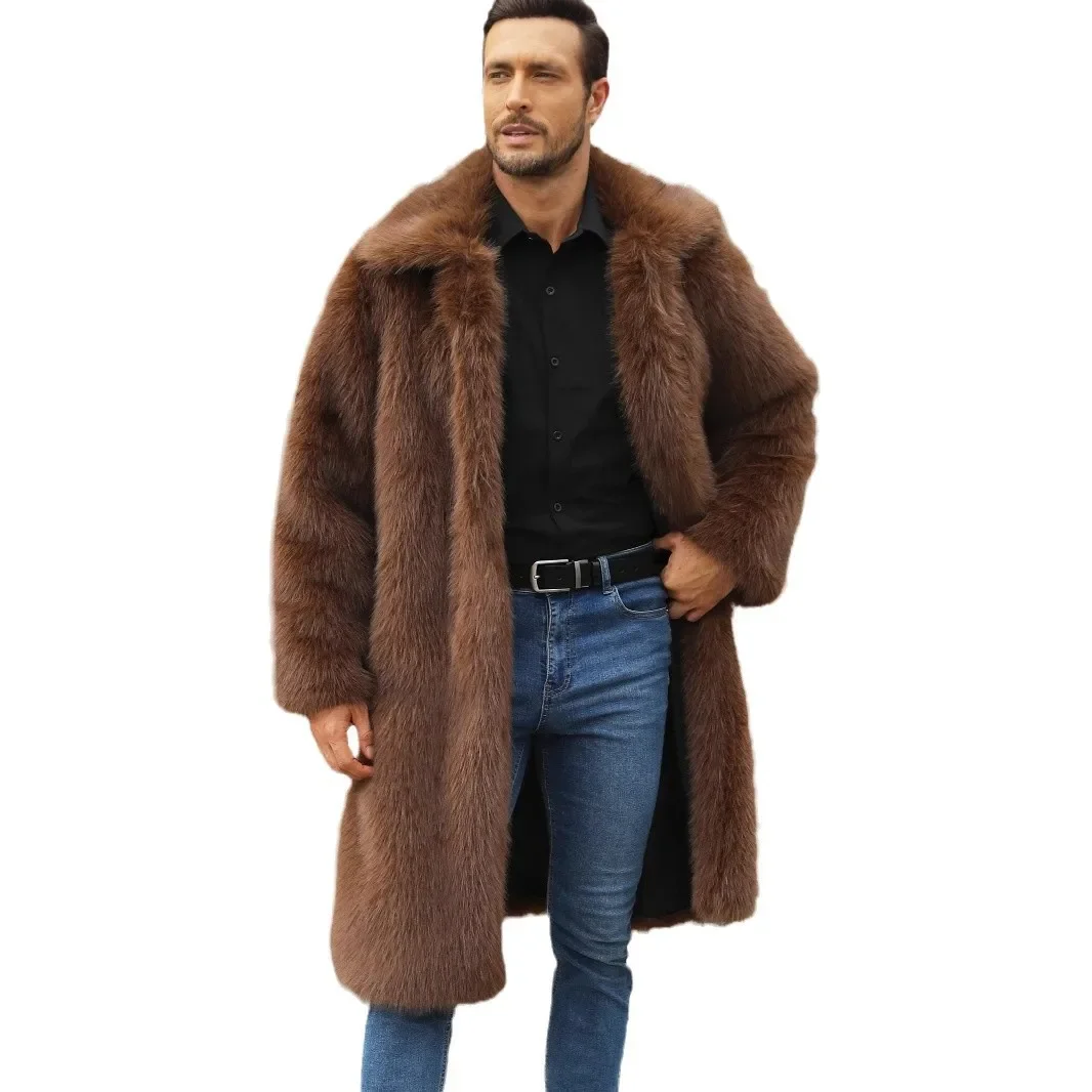 Men Faux Fox Fur Jacket Autumn Winter Thick Maxi Coat Long Sleeve Warm Luxury Fur Black Parkas Bontjas Furry Shaggy Outerwear