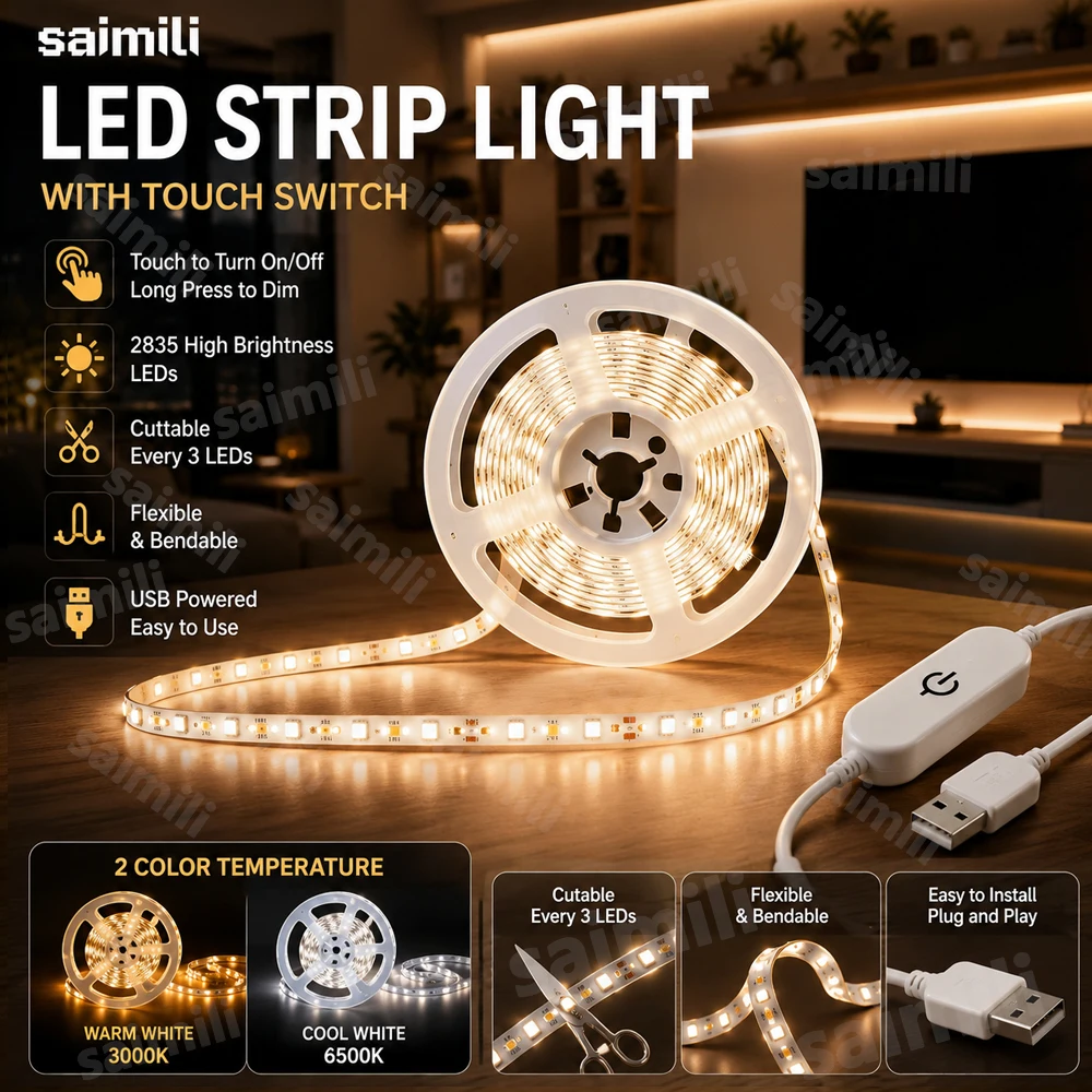 5V USB Self Adhesive SMD2835 LED Light Strip Touch Dimmer Switch For Cupboard Wardrobe Closet TV Backlight DIY Decor Lighting