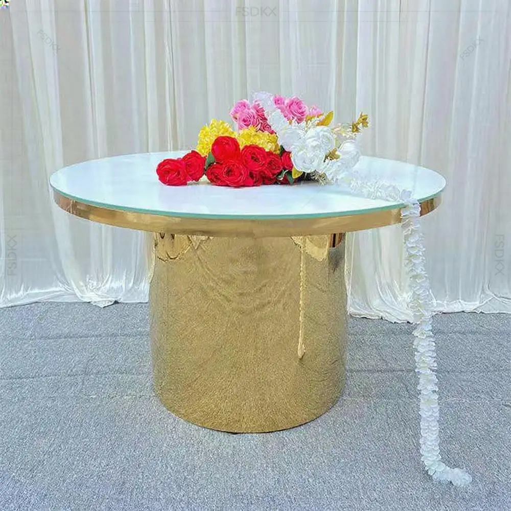 

FSDKX New Design High Quality Wedding Furniture Table Gold Stainless Steel Round Cake Table