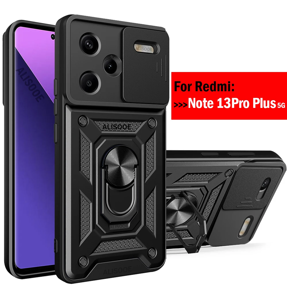 Armor Slide Camera Lens Funda for Redmi Note 13 Pro Plus 5G Case Magnetic Ring Stand Cover for Xiaomi Redmi Note 13 Pro+ 5G Capa