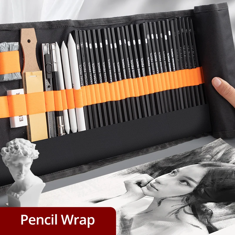 27/38/47pcs Sketch Pencils Set Sketching Kit Roll Up Canvas Wrap Bag Drawing Art Supplies Charcoals Kneaded Eraser Pencil Case