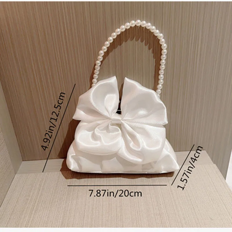 Korean White Satin Bow Fairy Handbags Clutch For Women Fashion Pearl Beaded Chain Handbag Evening Bags Prom Party Shoulder Bags