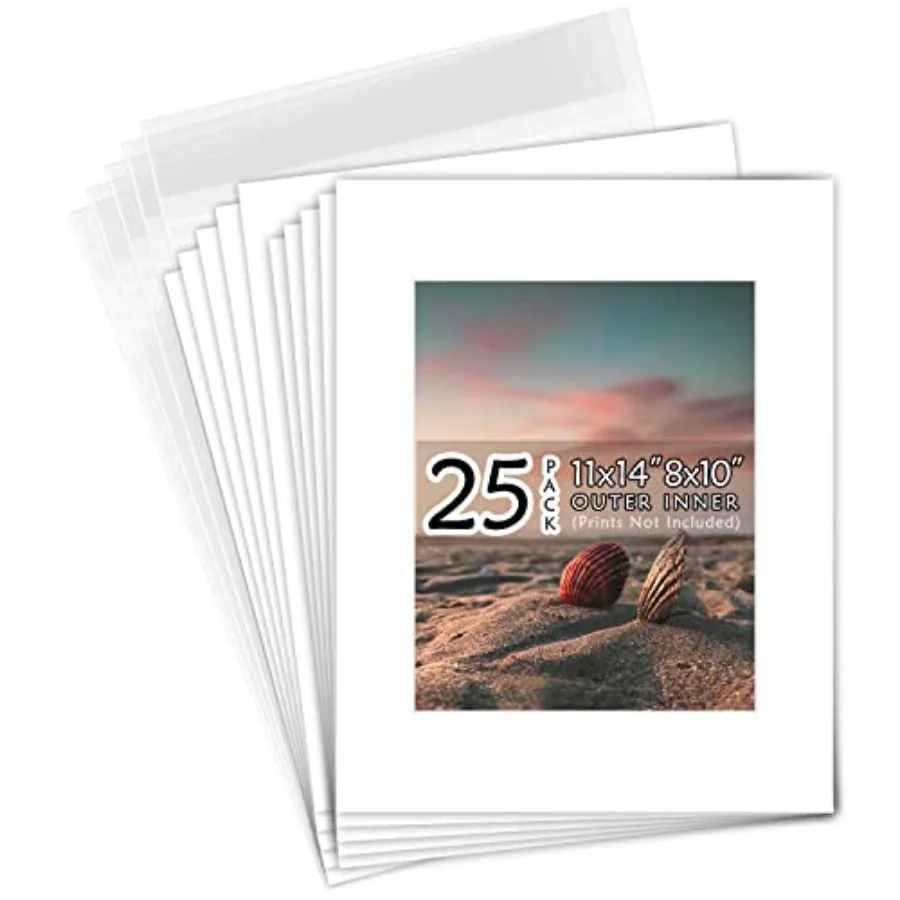

Golden State Art Acid Free Pack of 25 11x14 White Picture Mats Mattes with White Core Bevel Cut for 8x10 Photo + Backing + Bags