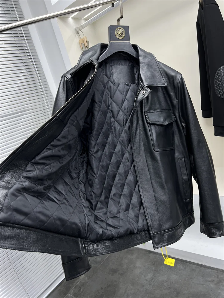 

Ele Men's Cotton Inserted Lychee Pattern Leather Jaet Faionable Flip-Cover ket Design High-End Urban Sle Coat