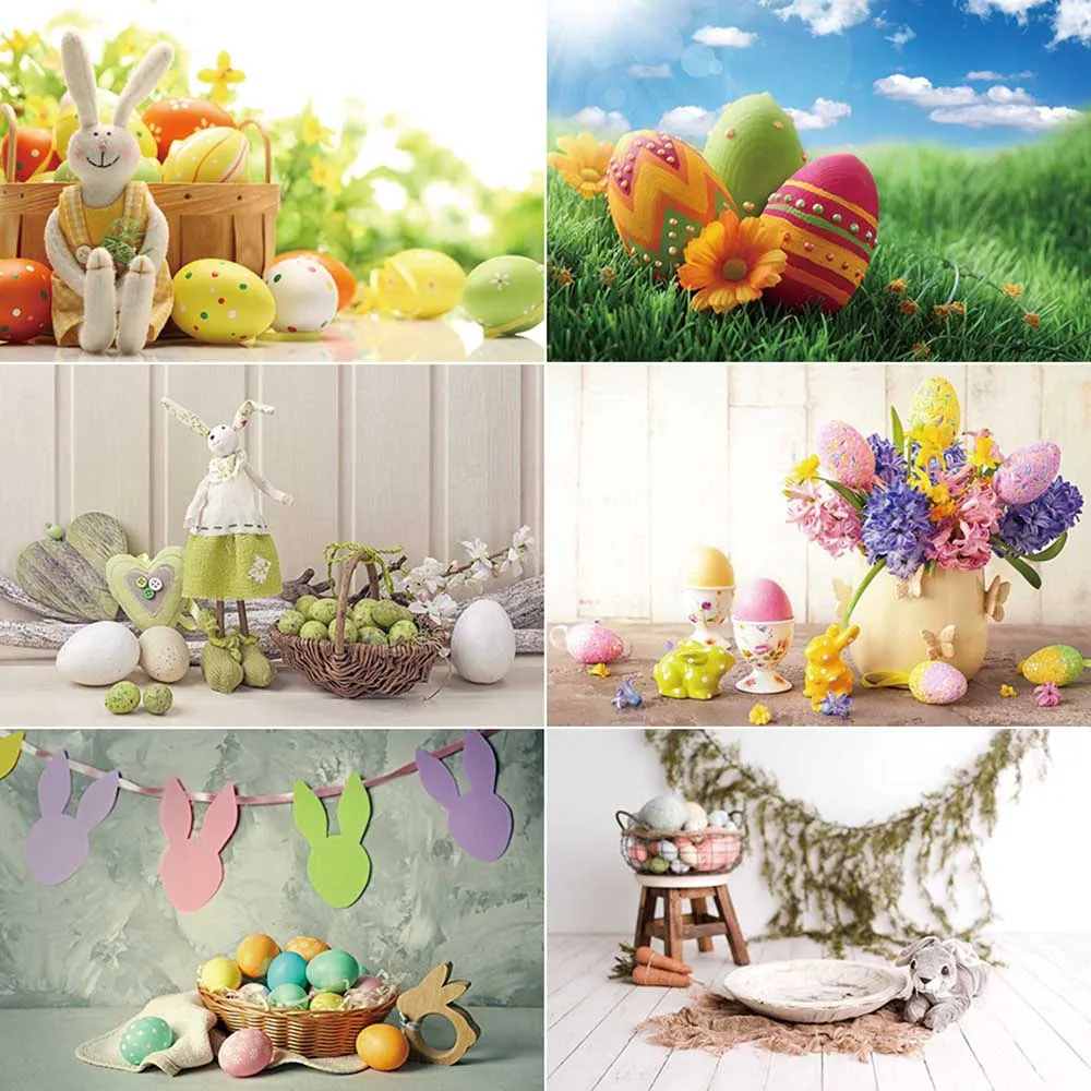 

MOON.QG Happy Easter Photography Background Colorful Eggs House Rabbit Photozone Backdrop Children Studio Photocall Props