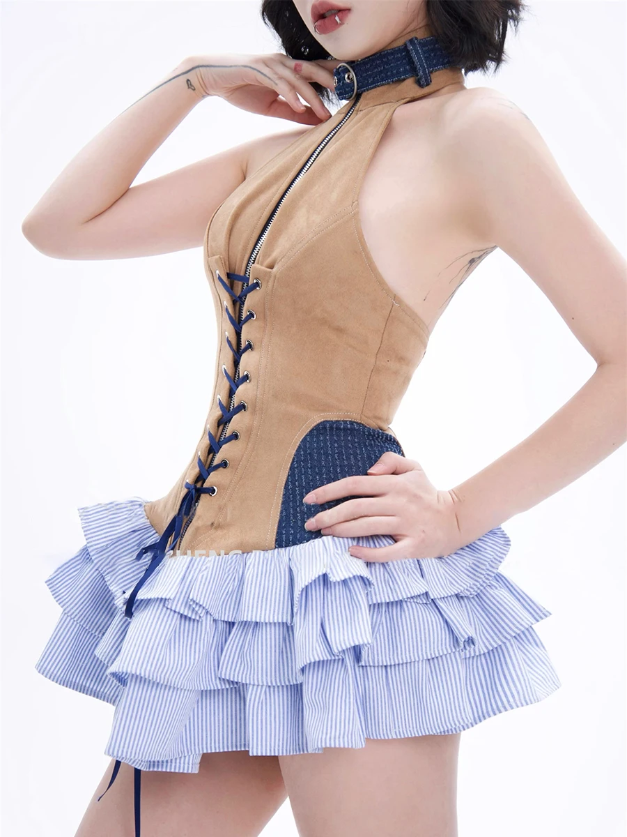 TWOTWINSTYLE Hit Color Spliced Lace Up Slimming Dresses For Women O Neck Sleeveless High Waist Patchwork Zipper Dress Female New