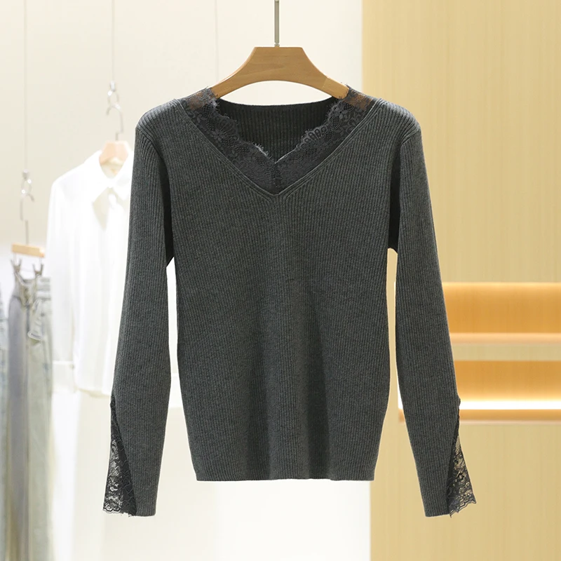 

Faionable Lace Trim Knitted Long Sve Women's Sweater Casual Sle Winter New Arrival Soft Polyester Blend V-Ne Top
