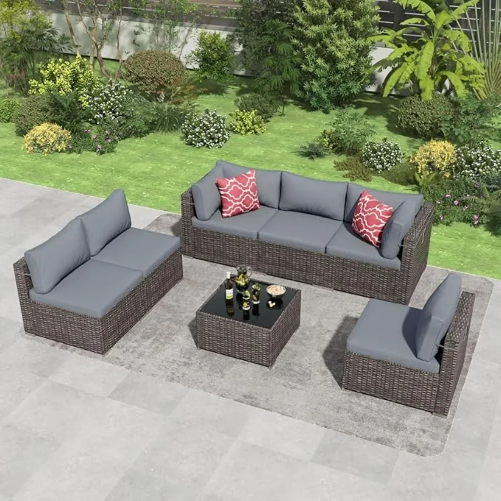 

7 Pieces Outdoor Patio Furniture Set, Wicker Patio Conversation Sectional Couch Set, All Weather PE Rattan Outdoor Garden Sofas