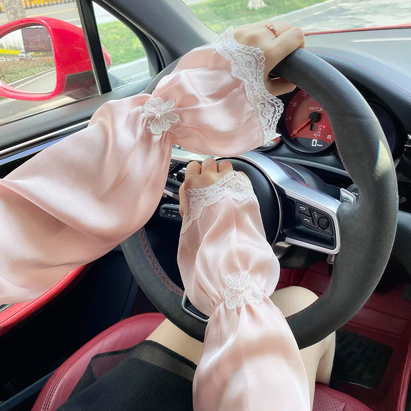 Lace Bow Sun Protection Sleeves Women Korean Fashion Loose Ice Silk Sleeves Summer Anti-UV Sunshade Cycling Driving Oversleeve