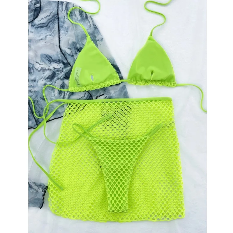 Women's 3 Piece Swimsuits Hollow Out Halter Triangle Tie Side Bikini Sets Bathing Suit with Beach Skirt