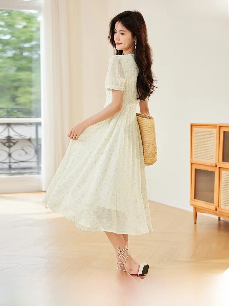 

Blue Language plus Size Women's Dress Elegant V-Neck Chiffon Floral Long Summer Slimming Belly Covering A-Line Dress