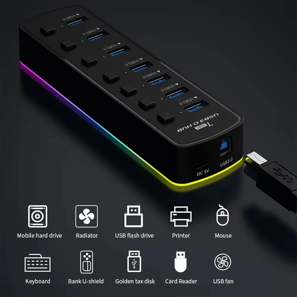 RGB USB 3.0 Hub 7 Ports Data Port Adapter 5Gbps Individual On/Off Switch Splitter Gaming USB Hub For Laptop PC Computer Accessor