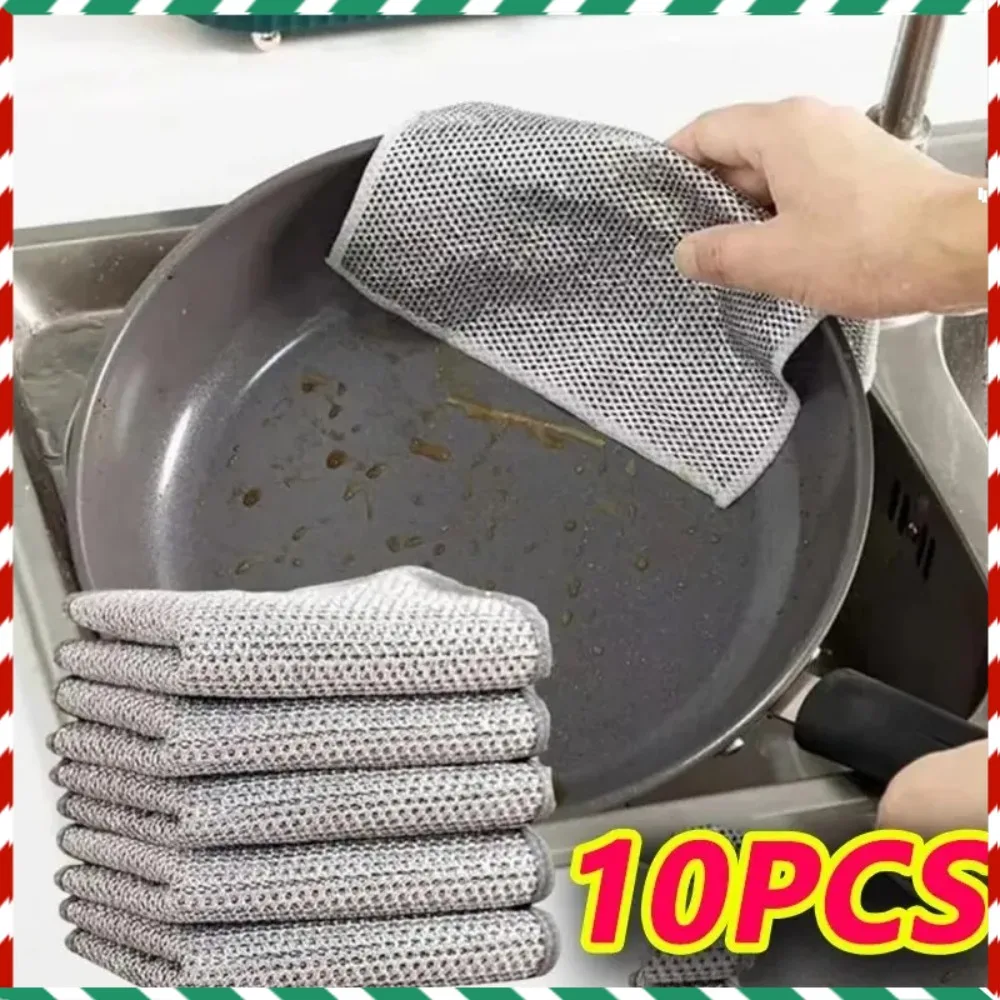 

10pcs Magic Dishcloth Silver Wire Cleaning Kitchen Cloth Thickened Microfiber Wash Towel Built-in Sponge Steel Wire Ball Rag