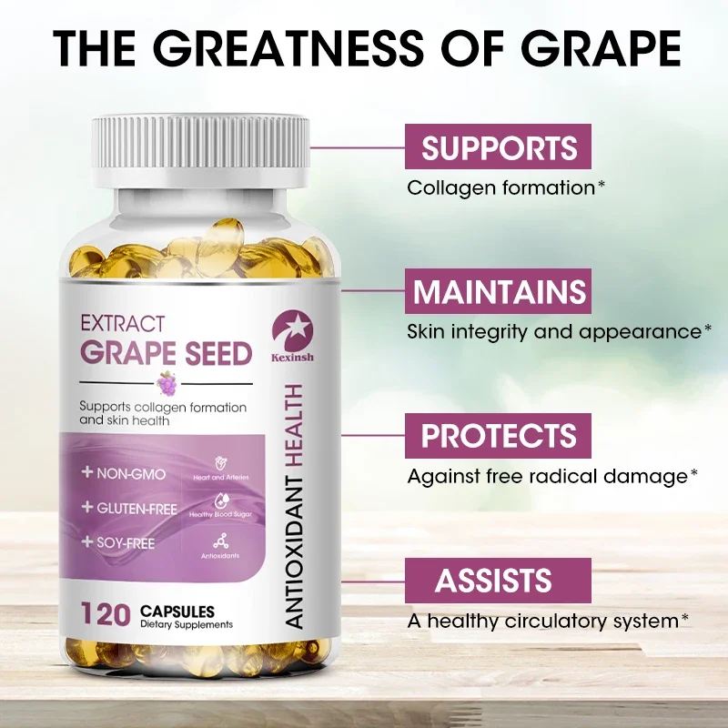 Dietary Supplement Organic Grape Seed Extract 120 Capsules Powerful Antioxidant That Supports Skin Whitening, Immune Health