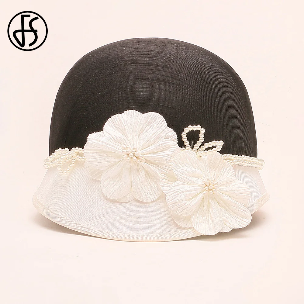 FS Elegant White Black Hats With Flower British Top Hat Ladies Vintage Cocktail Party Cap Wedding Church Millinery 2024 Winter