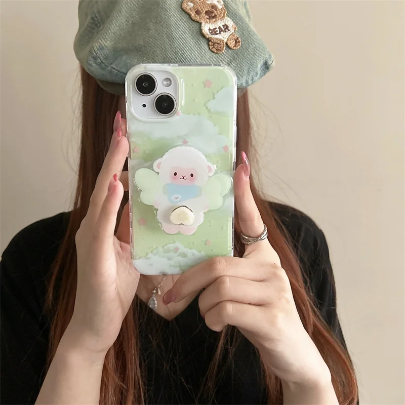 لطيف الأغنام حامل جراب هاتف آيفون 16 برو 15 14 13 برو ماكس غطاء الصيف الأبيض سحابة المراعي الحب الحدود للصدمات