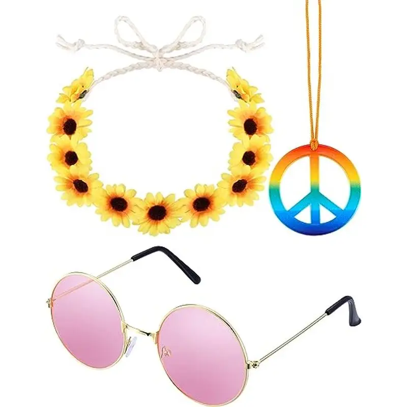 Hippie Costume Set Women Men 12 Pieces Hippie Accessories 70s Clothing Hippie Clothing Accessories with Hippie Glasses Headband 