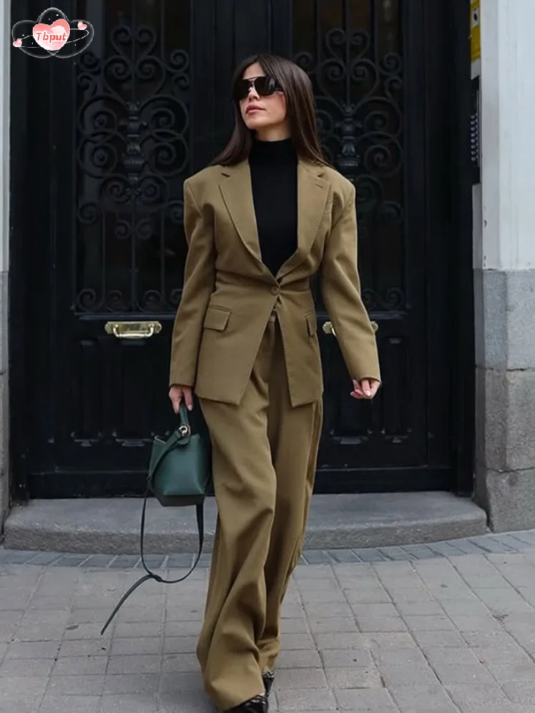 Lapel Collar Button Womens Suit Jacket Loose High Waisted Loose Wide Leg Pants 2 Piece Sets 2025 Chic New Commute Office Outfits