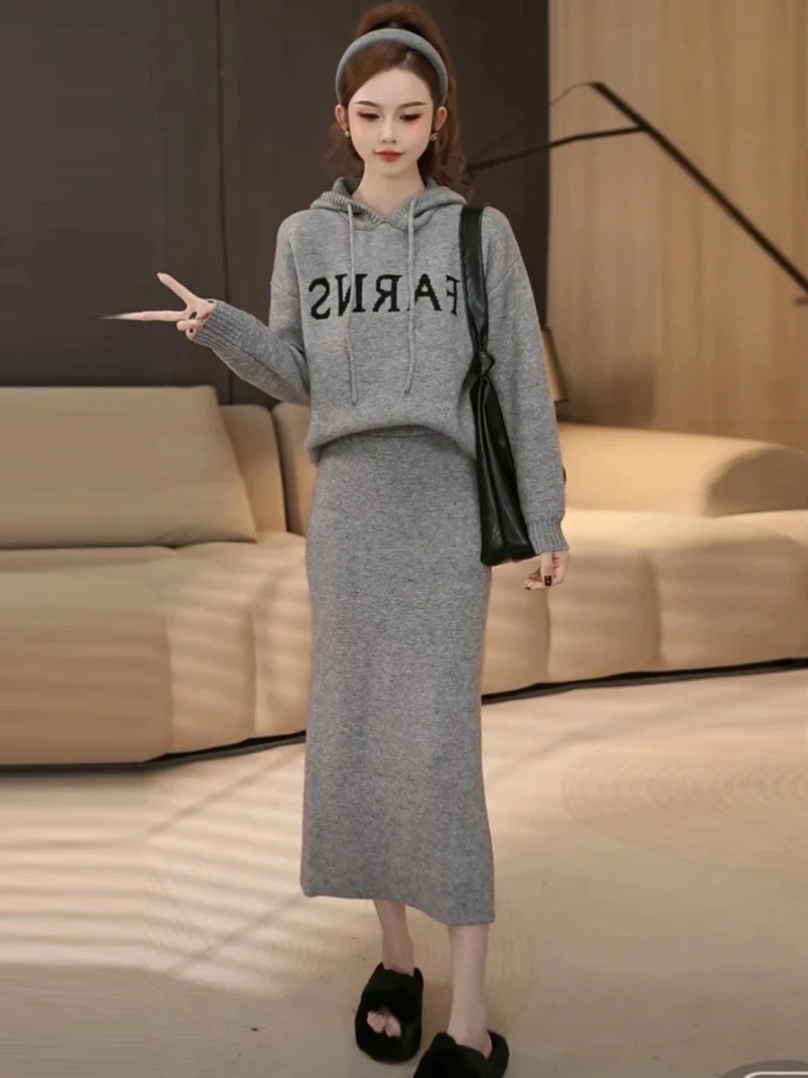 

Autumn Winter Set 2026 Korean Fashion Letter Embroidery Hoodie Skirt Two Piece Soft Style Polyester Fiber Long Sleeve Shirt