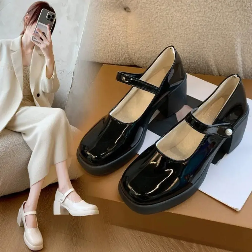 

Fashion Square Toe High Heels Shoes Ankle Buckle Solid Leather Heeled Lolita Shoes JK Platform Pumps Mary Jane Shoes Cosplay